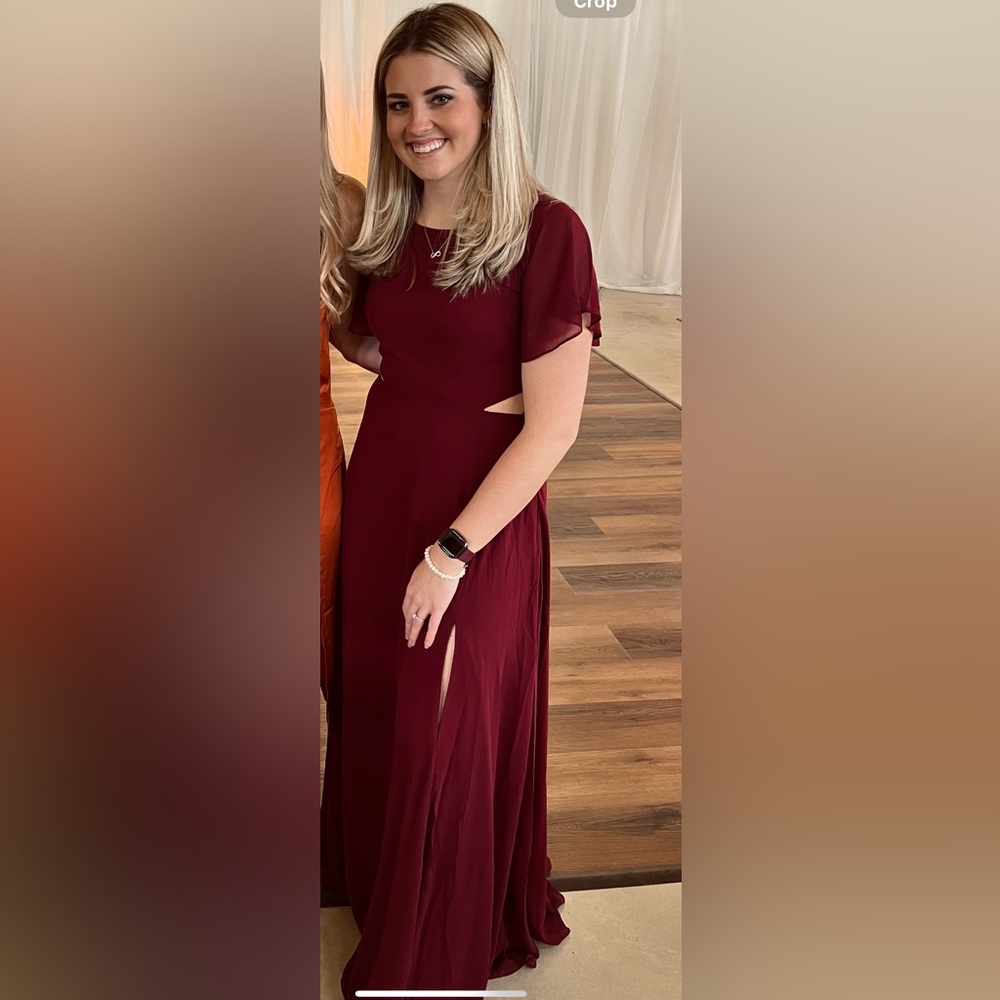 Burgundy LuLus wedding guest dress bridesmaid dress. Long evening gown w cutouts